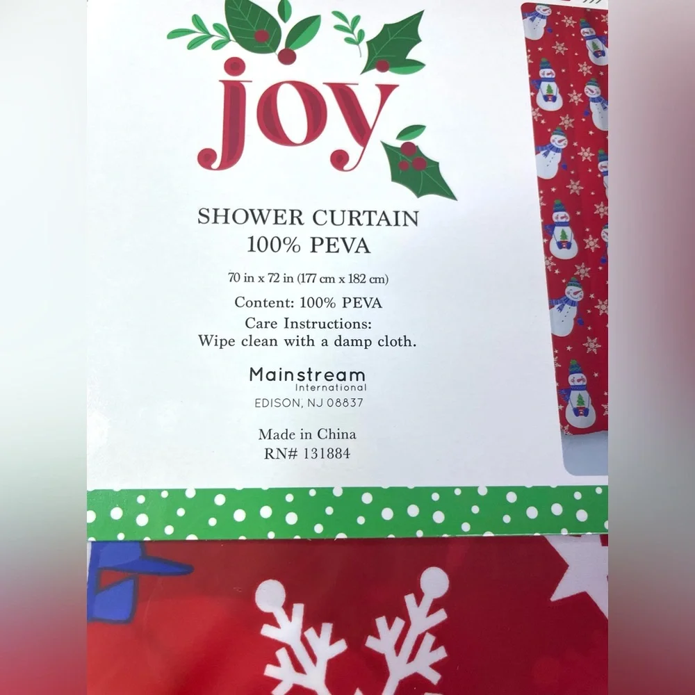 Christmas Shower Curtain PEVA Frosty Snowman Snowflakes Red Blue Green White NWT